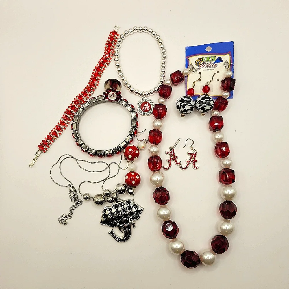 Alabama University Roll Tide Houndstooth Red White Black Silver Jewelry Lot - Picture 2 of 16